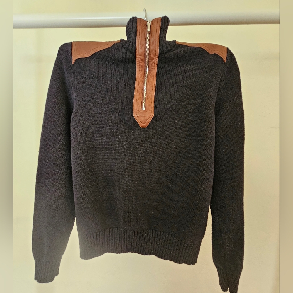Ralph Lauren Black 100% Cotton Brown Leather Accents Preppy 1/4Zip Sweater Sz PL